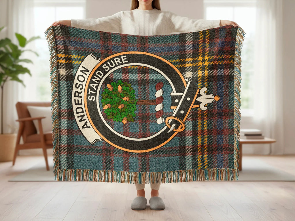 Anderson tartan woven blanket laid flat — clan crest design inspired by Scottish heritage
