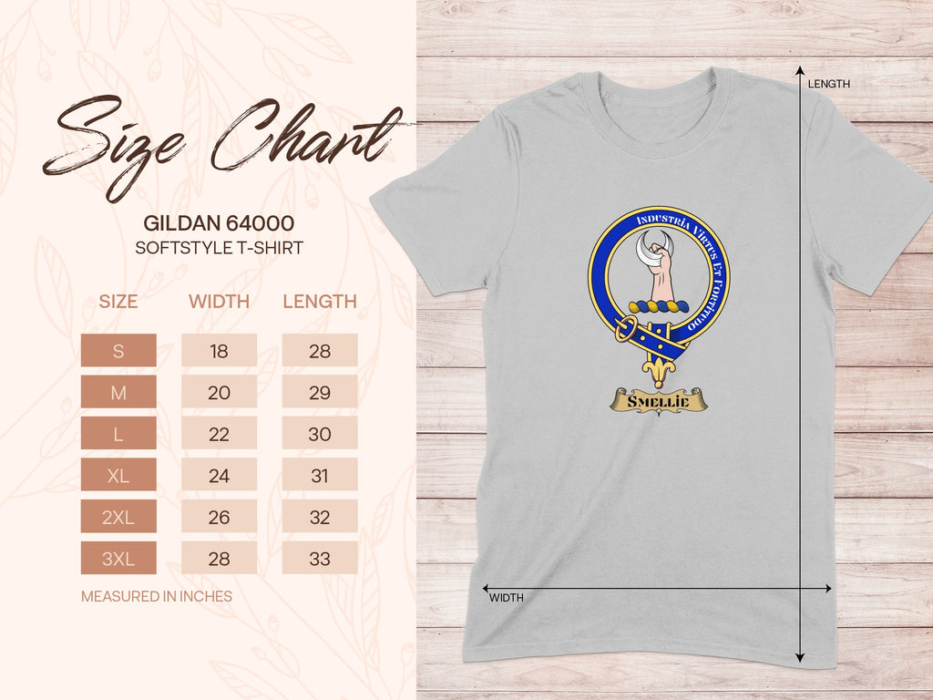Gildan 64000 size chart for Smellie Scottish clan crest T-shirt