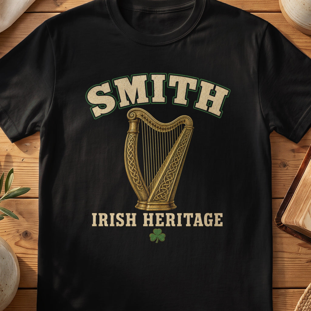 Smith Irish harp T-shirt in Black, with cream surname lettering, a gold-toned harp, green shamrock and “Irish Heritage” text.