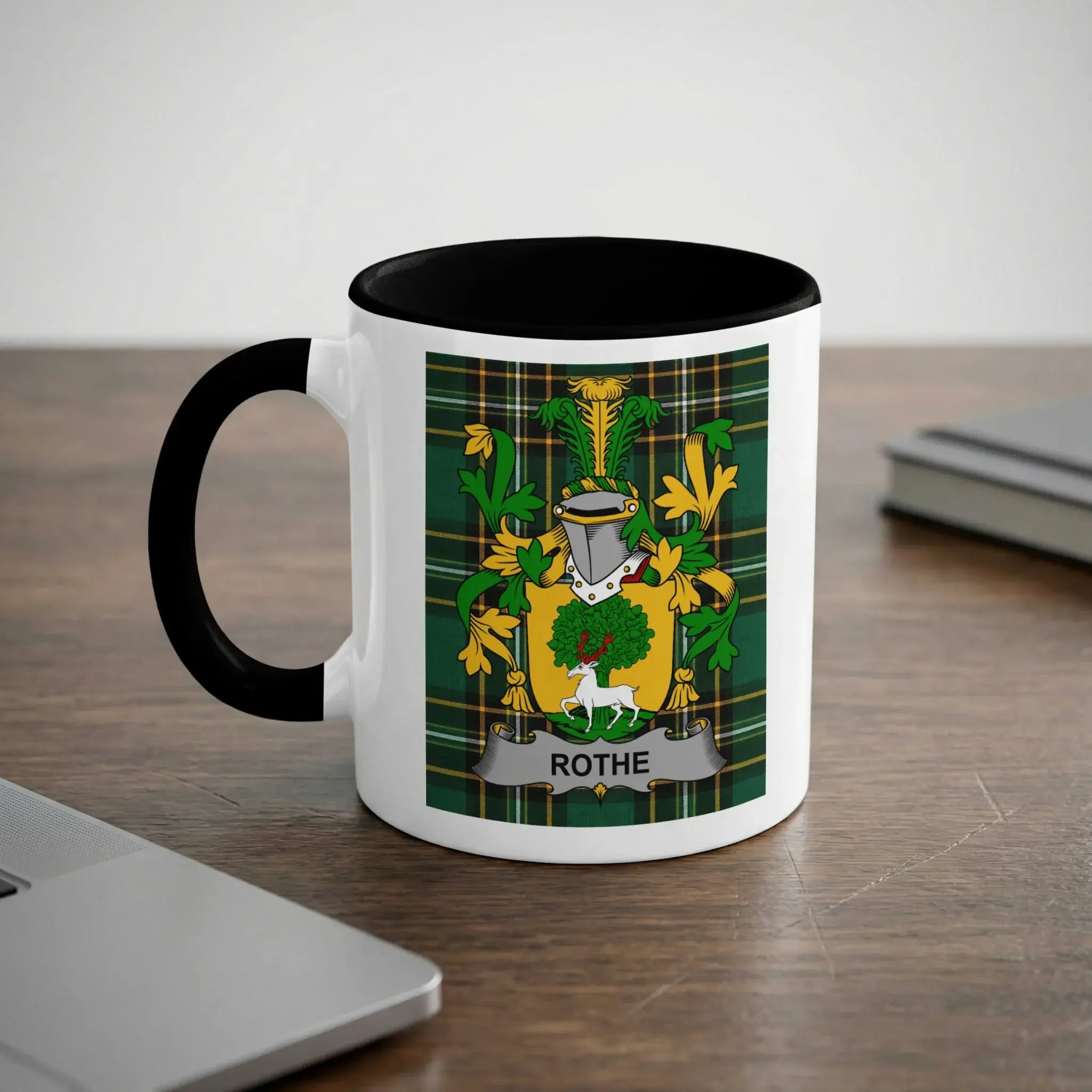 Rothe black accent mug with Irish National Tartan and family crest