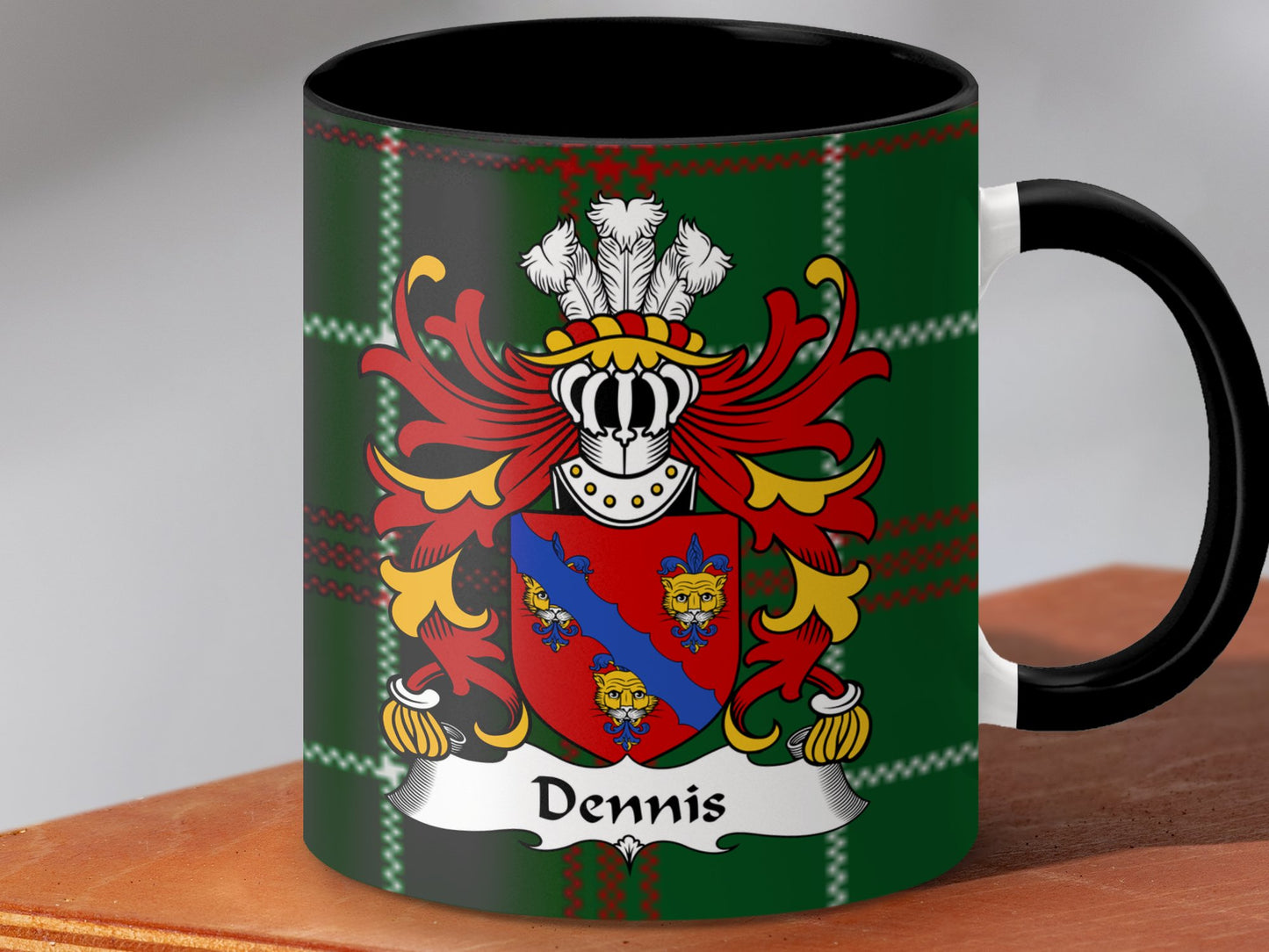 Dennis Surname Coat of Arms on Welsh Tartan Mug - Living Stone Gifts