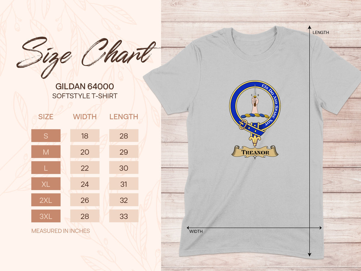 Gildan 64000 size chart for Treanor Irish family crest T-shirt