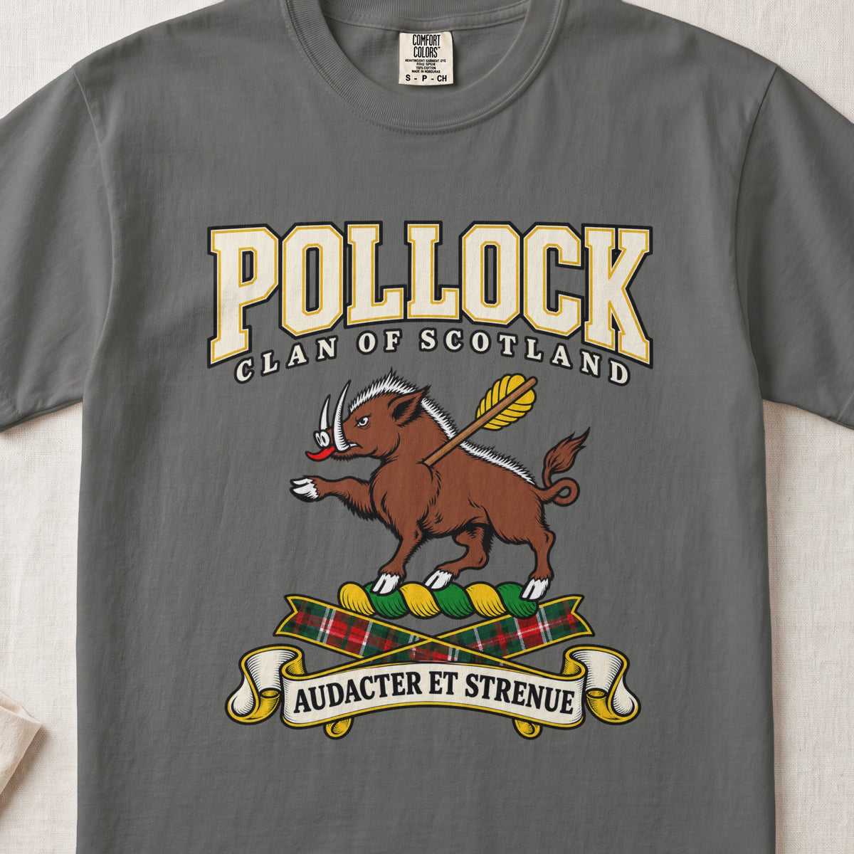 Pollock Scottish clan graphic T-shirt in Pepper, front view