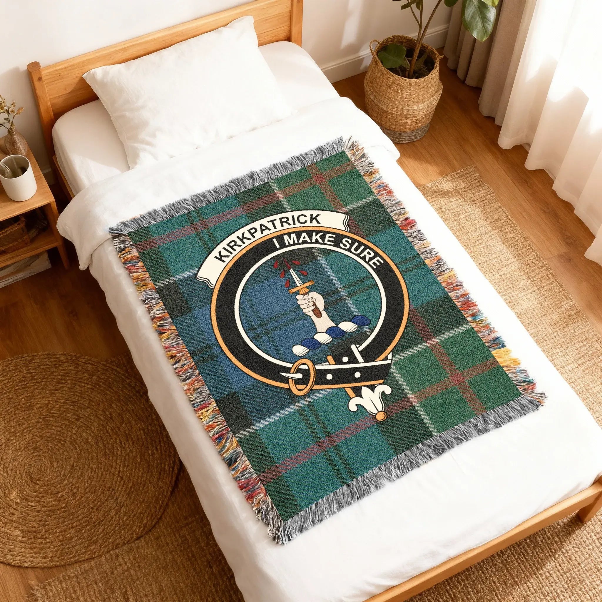 Clan Kirkpatrick tartan woven blanket — fringe border detail showing woven pattern and clan crest