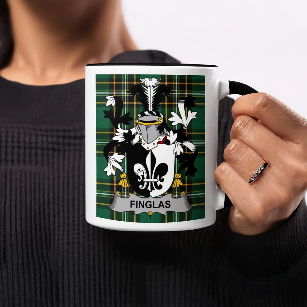 Mug with green plaid and the coat of arms of Finglas family.