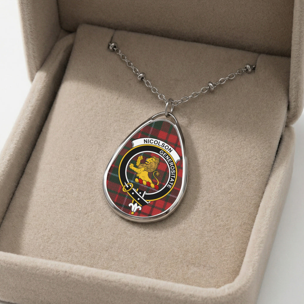 Oval Nicolson clan pendant necklace with tartan backing and heraldic lion.