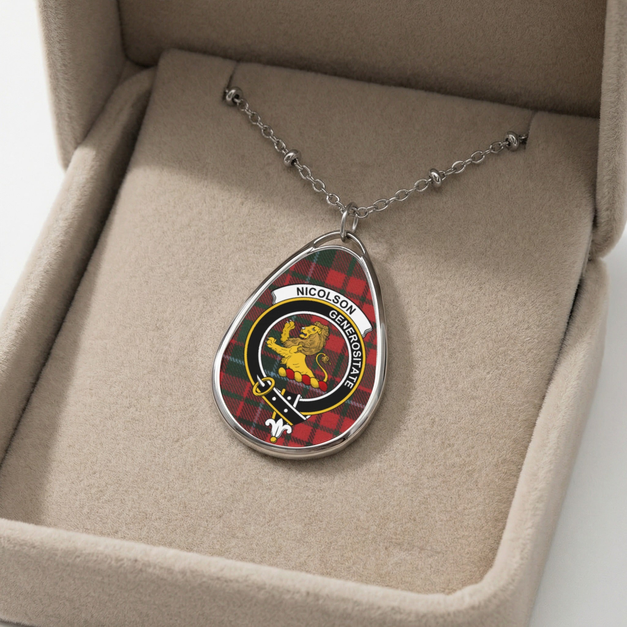 Oval Nicolson clan pendant necklace with tartan backing and heraldic lion.