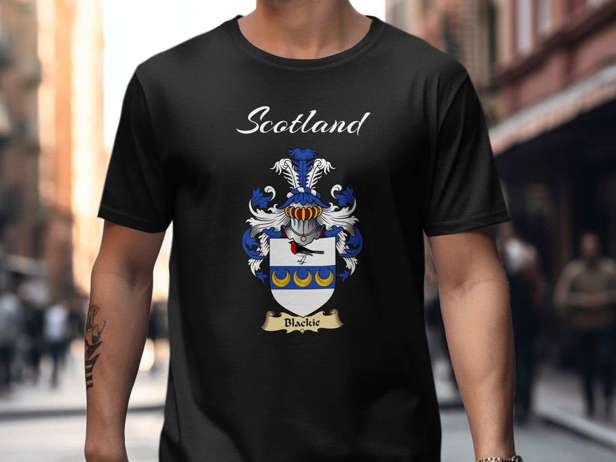 Blackie Scottish family shield design on Black T-shirt