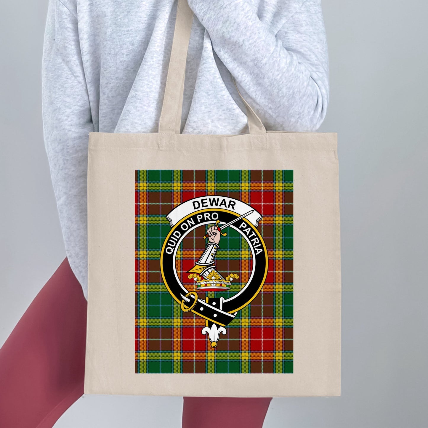 Dewar Clan Scottish Tartan Crest Badge Tote Bag - Living Stone Gifts