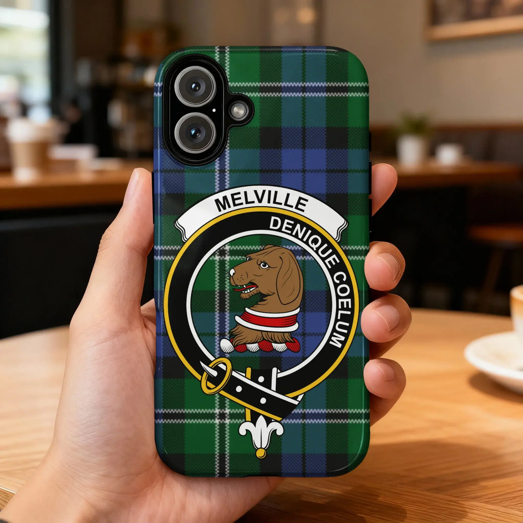 Melville tartan phone case on Samsung Galaxy — full-colour crest wrap, impact-resistant glossy build