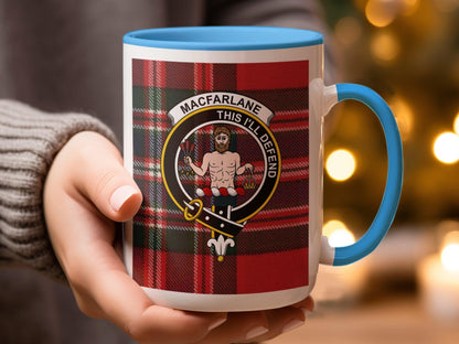 Macfarlane Clan Crest and Tartan Plaid Design Mug - Living Stone Gifts