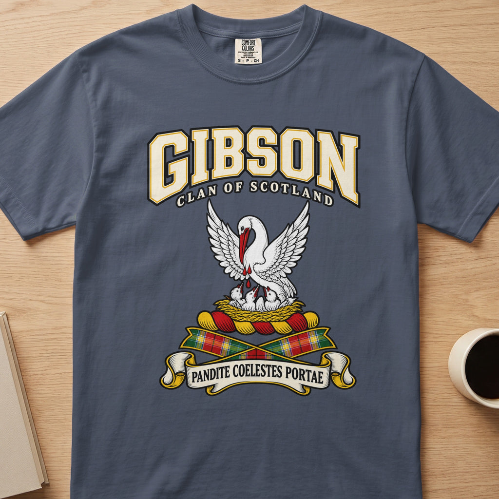 Gibson white bird with lifted wings graphic on a slate blue Comfort Colors T-shirt, front view