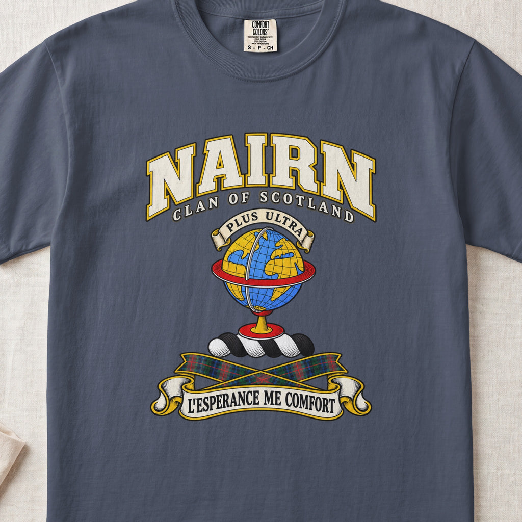 Nairn Scottish clan T-shirt in Midnight, front view with a blue and gold globe and motto design.