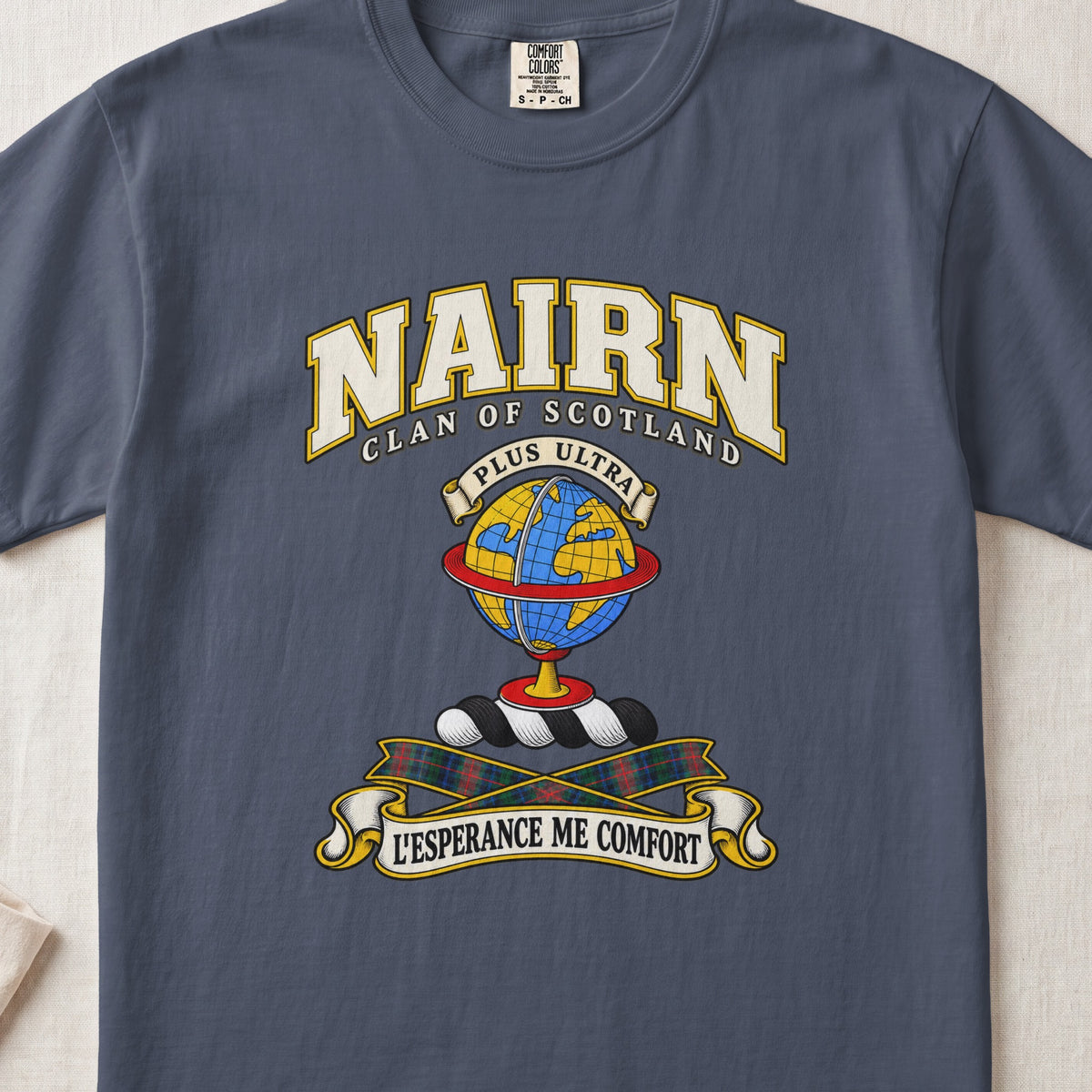 Nairn Scottish clan T-shirt in Midnight, front view with a blue and gold globe and motto design.