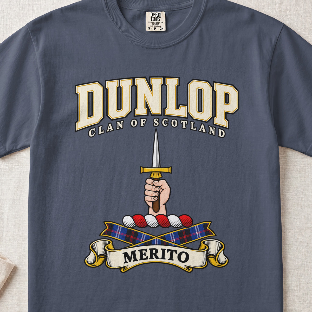 Dunlop Scottish clan graphic T-shirt in Midnight, front view