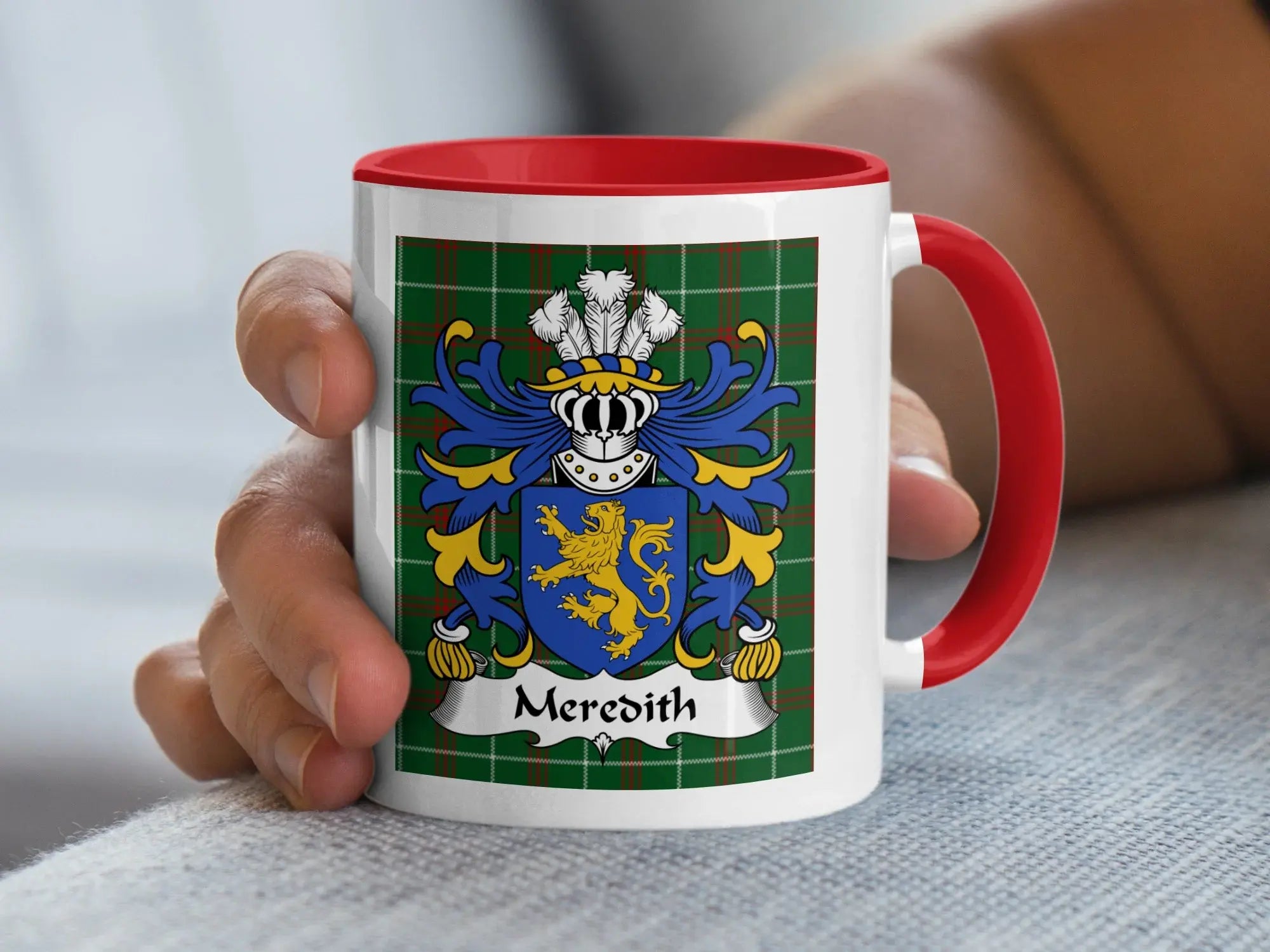 Meredith Welsh tartan accent mug with red handle and coat of arms held in hand