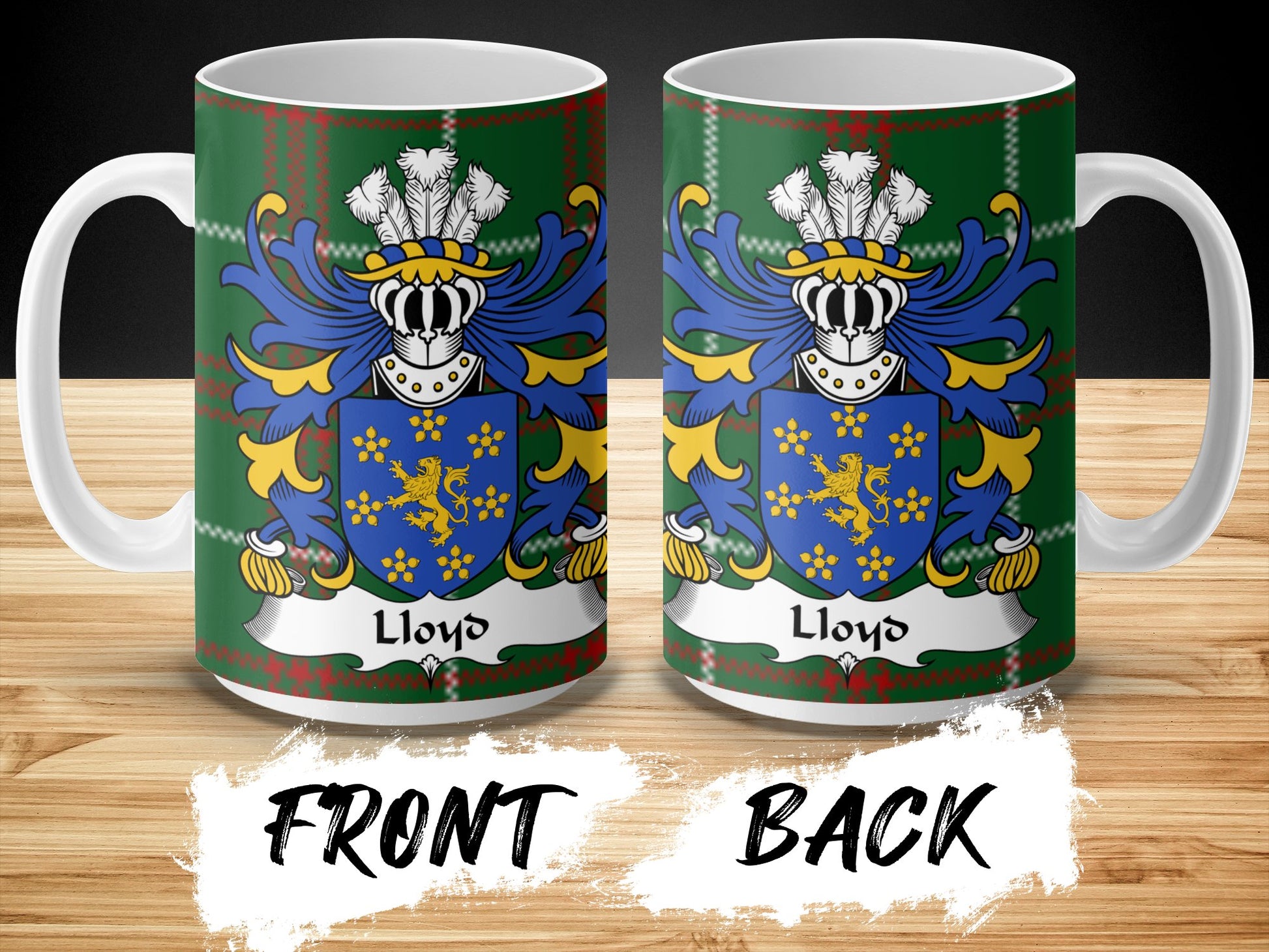 Lloyd Family Coat of Arms on Welsh Tartan Background Mug - Living Stone Gifts