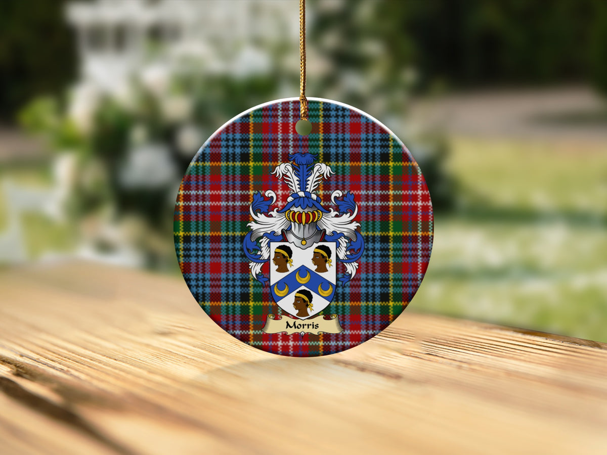 Round Morris Scottish clan ornament with family crest on a Caledonia tartan background