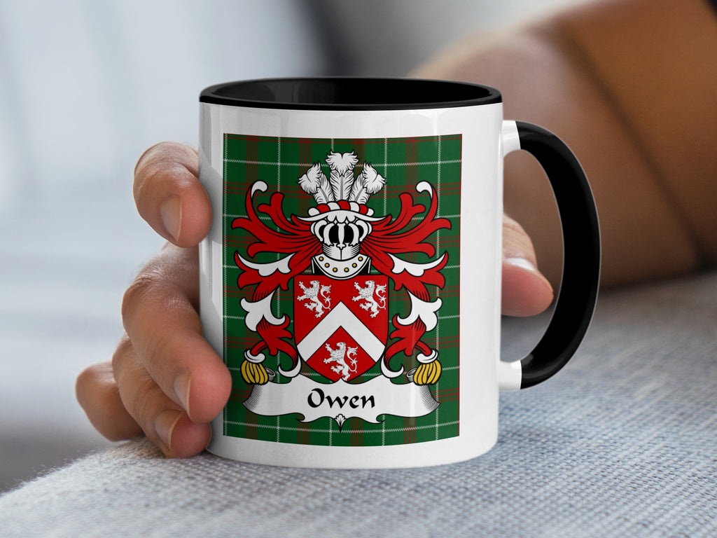 Owen Welsh coat of arms accent mug with black rim and family crest on Welsh National Tartan