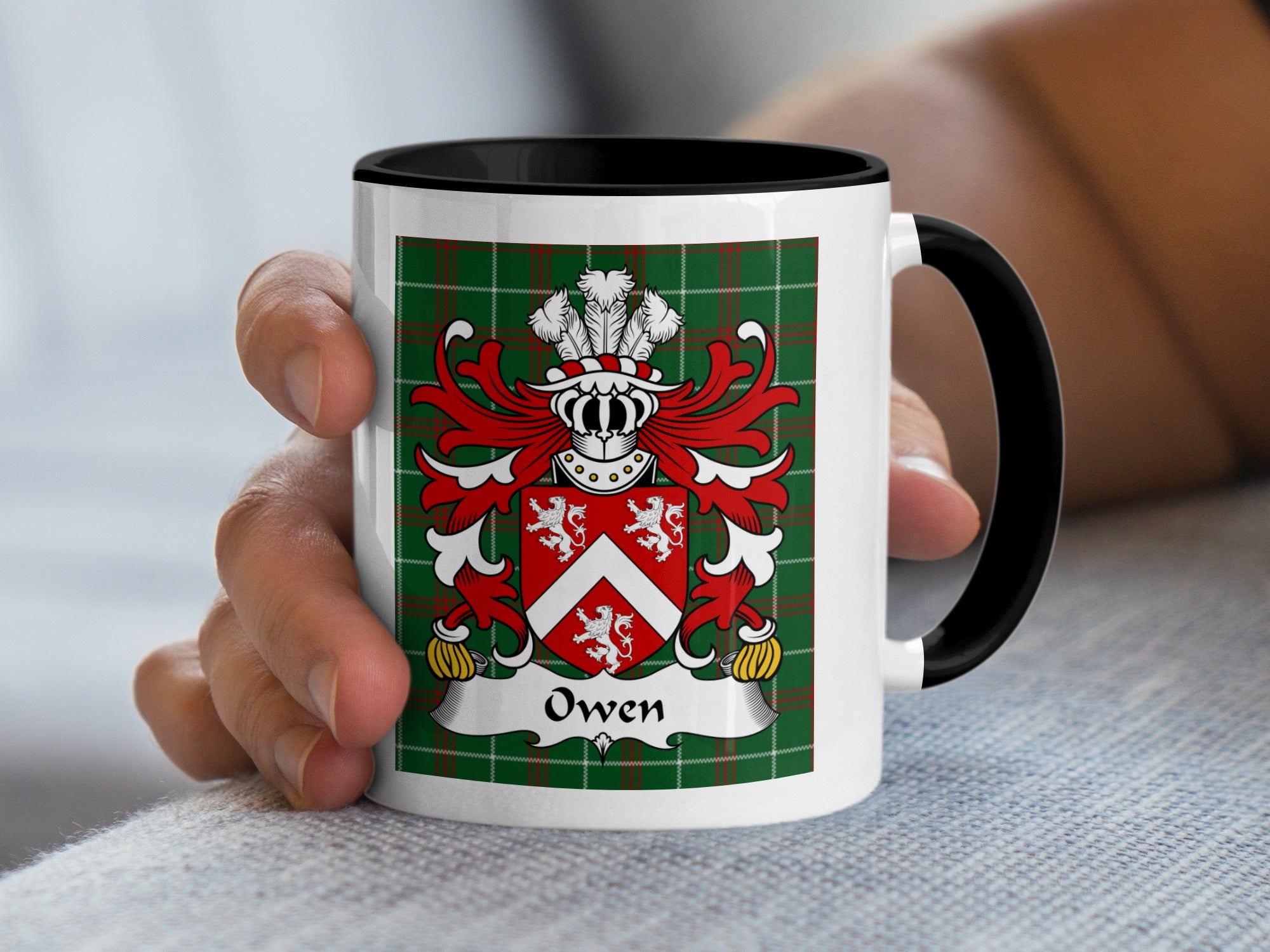 Owen Welsh coat of arms accent mug with black rim and family crest on Welsh National Tartan
