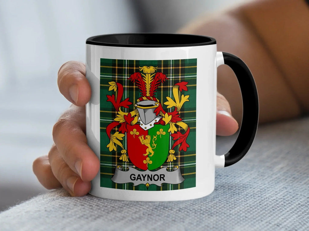 White mug with black rim displaying a family crest with "GAYNOR" text.