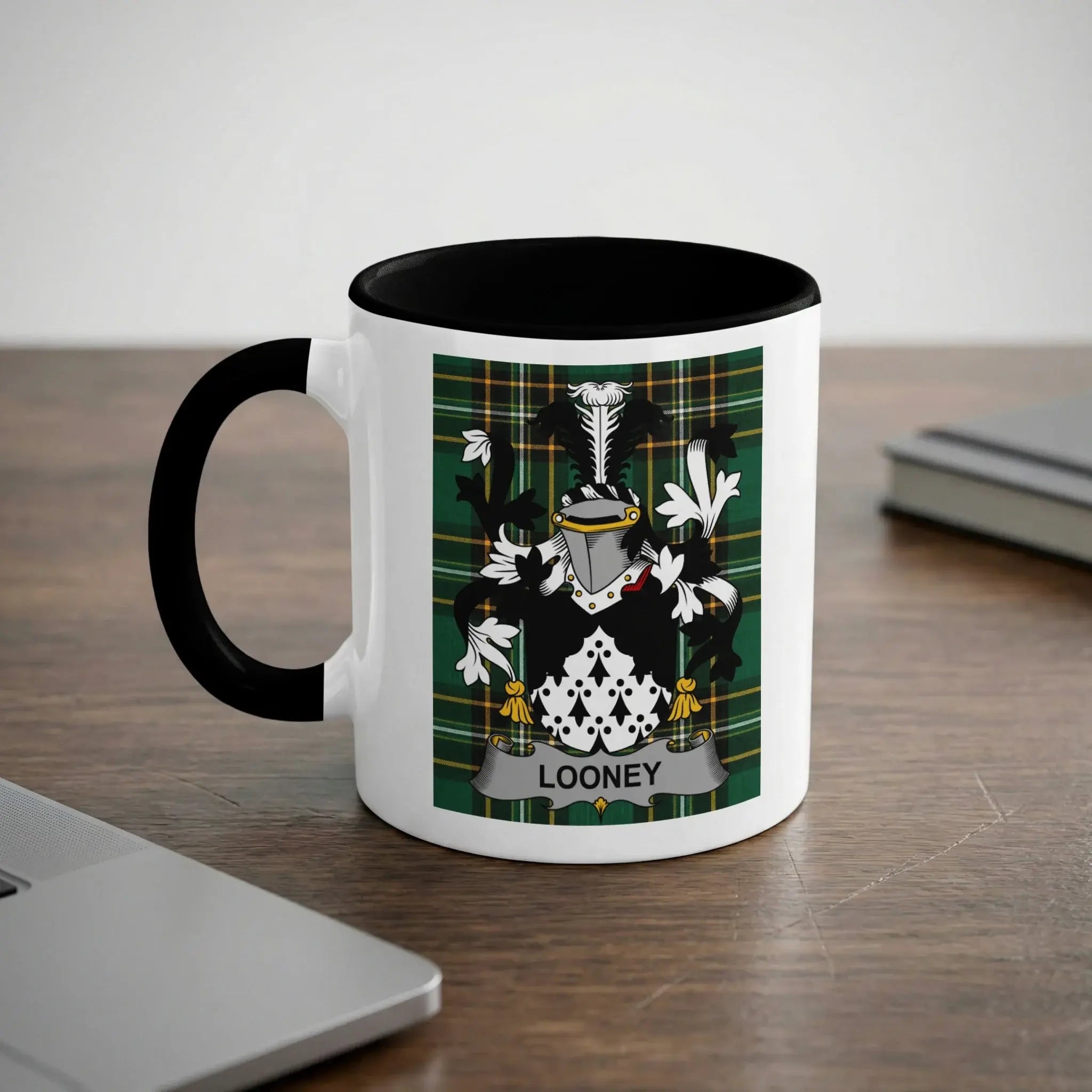 Looney Irish heritage mug with black handle and family crest