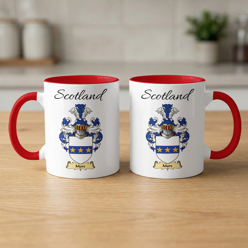 Red-accent Mure Scottish family crest mugs with Scotland above the heraldic shield
