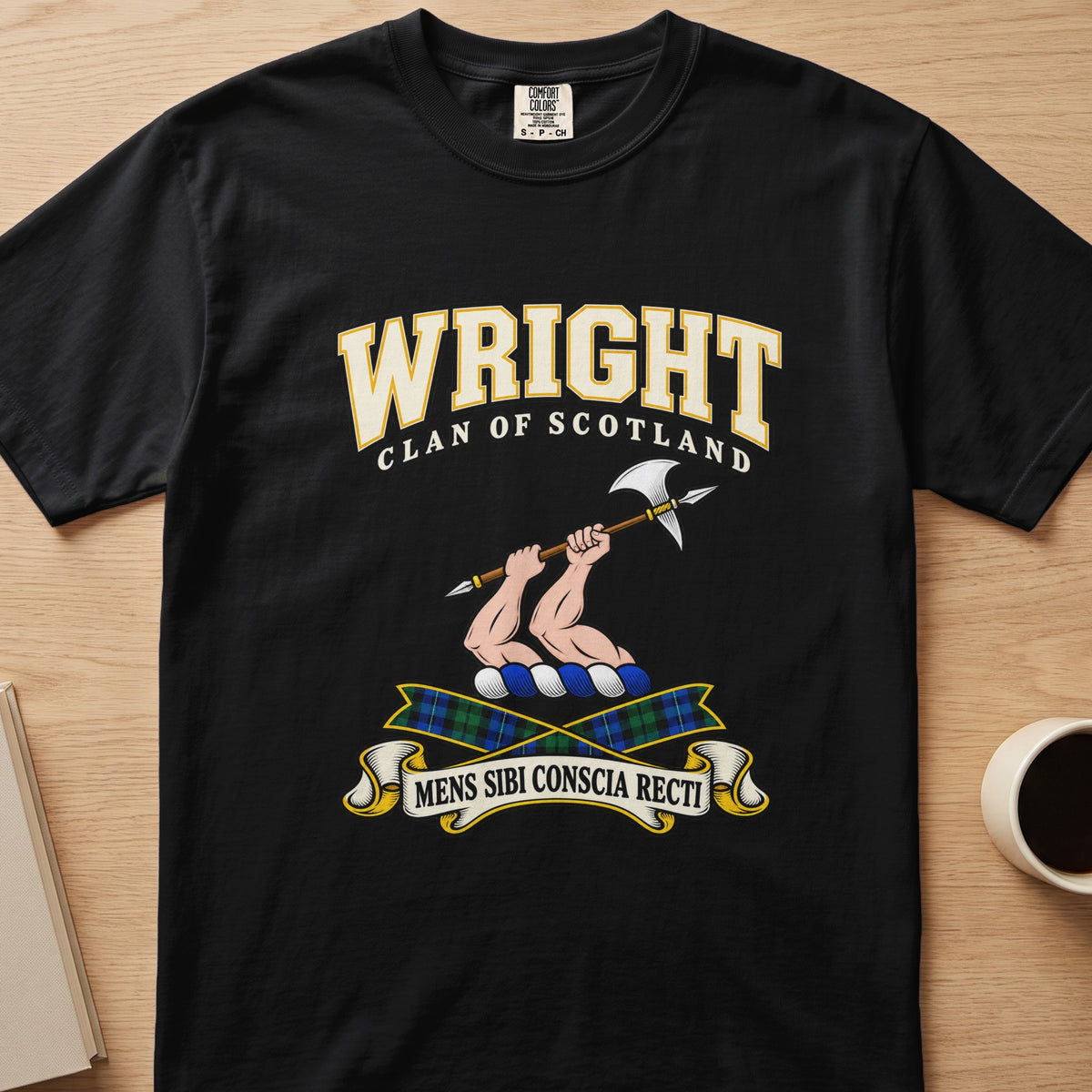 Wright clan T-shirt in black, front view with raised arms holding a silver-colored axe