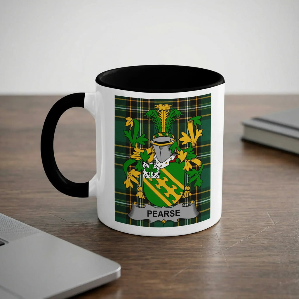 Pearse Irish heritage mug with black interior and surname crest