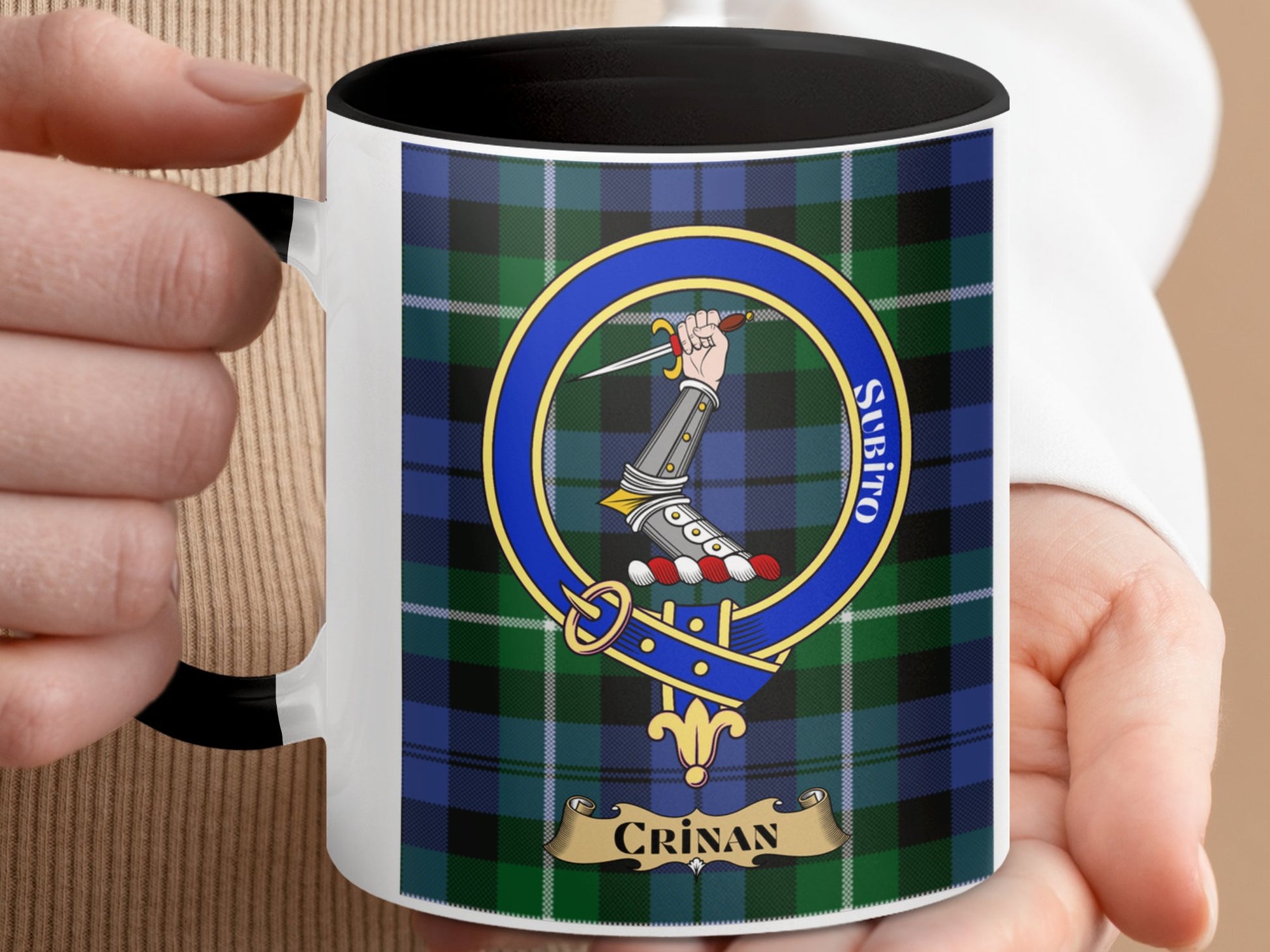 Clan Crinan Scottish Tartan Crest Pattern Coffee Mug - Living Stone Gifts