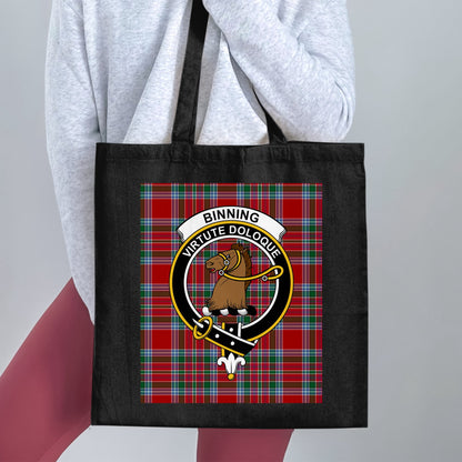 Binning Clan Crest with Scottish Tartan Background Tote Bag - Living Stone Gifts