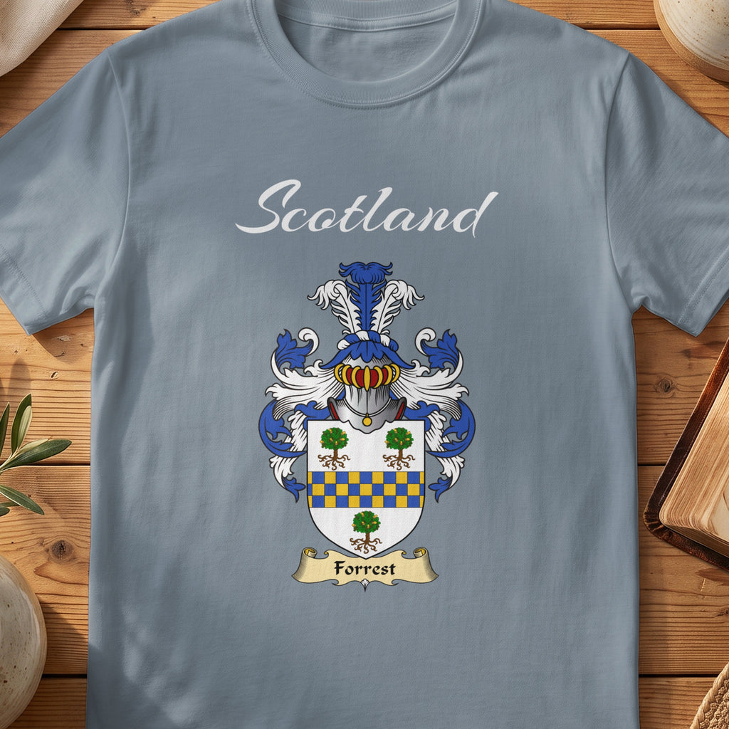 Forrest Scottish family shield T-shirt in Stone Blue