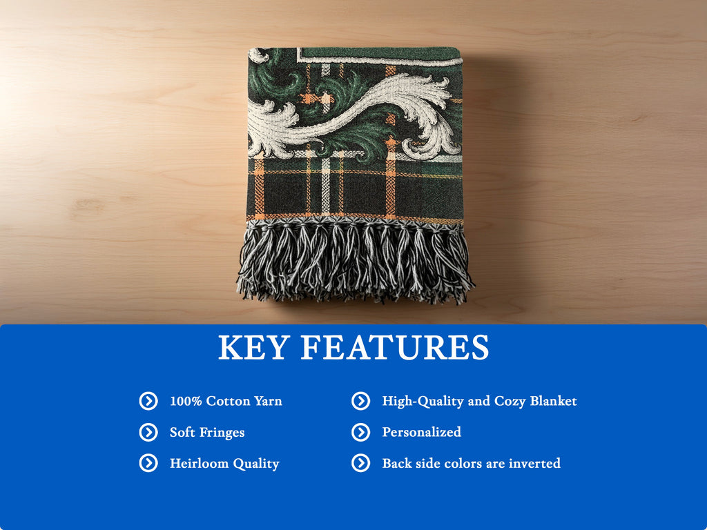 Maguire heirloom woven blanket detail showing woven texture and decorative fringe