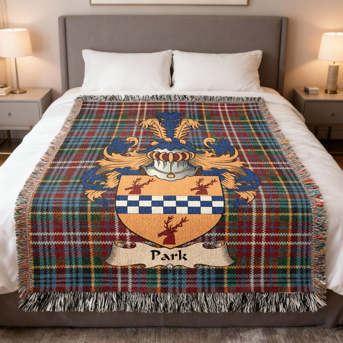 Park family crest emblem on a Caledonia tartan woven blanket