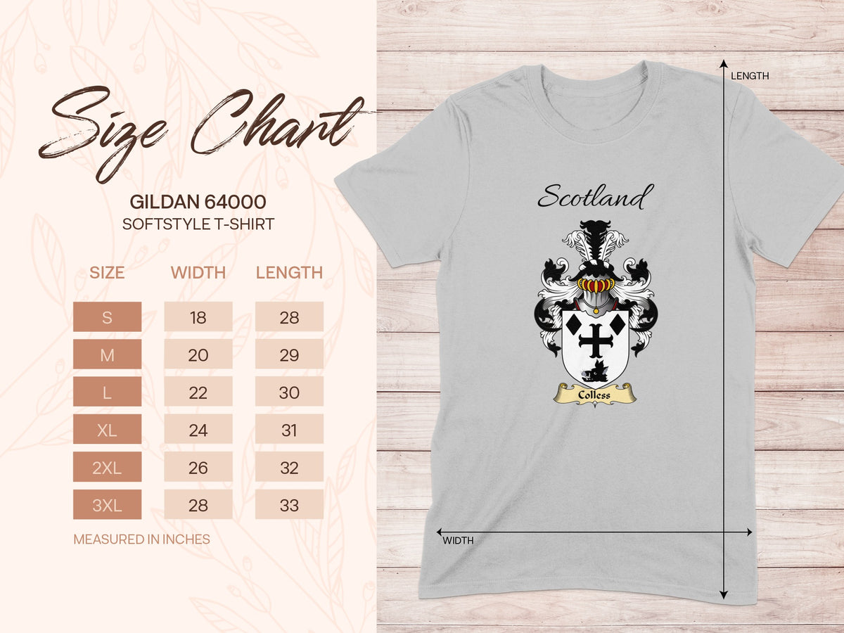Gildan 64000 size chart for the Colless unisex T-shirt, sizes S to 3XL