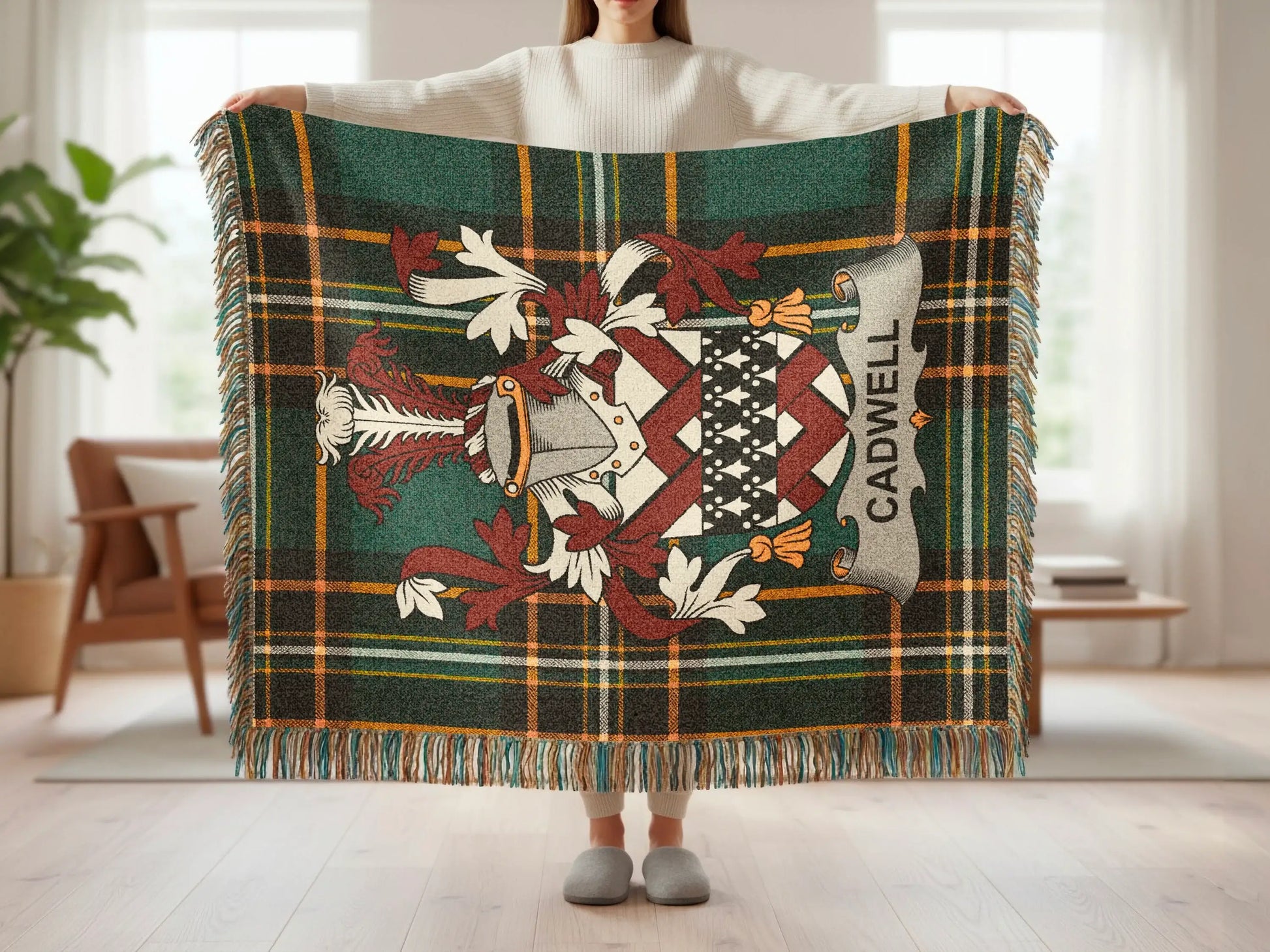 Cadwell Heraldic Plaid Pattern Green Yellow Throw product type