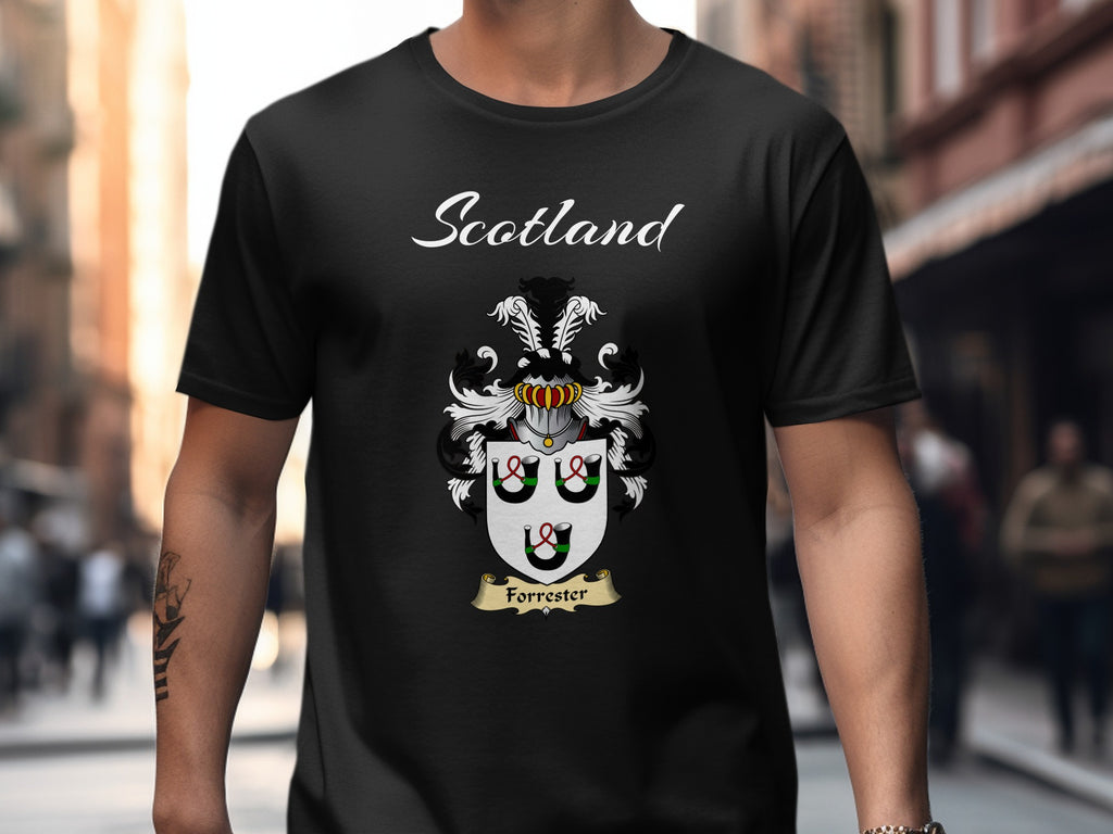 Forrester Scottish family shield design on Black T-shirt