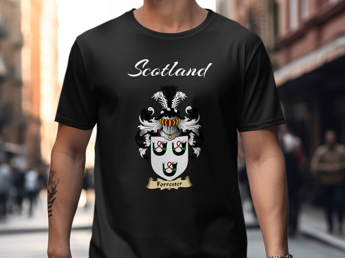 Forrester Scottish family shield design on Black T-shirt