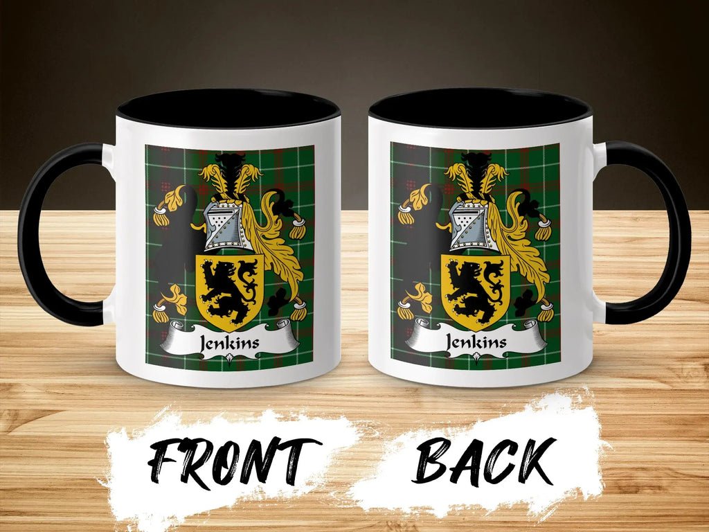 Jenkins Welsh surname coffee mug two views with coat of arms on plaid background