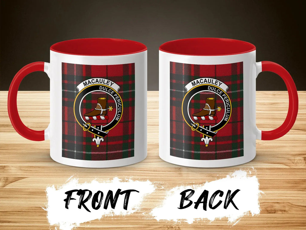 MacAuley tartan-background crest mug shown as a Scottish heritage gift
