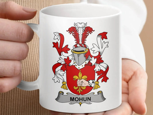 Mohun Family Crest Coat of Arms Shield Emblem mug - Celtic Ancestry Gifts