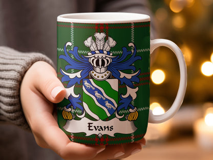 Evans Coat of Arms on Welsh National Tartan Mug - Living Stone Gifts