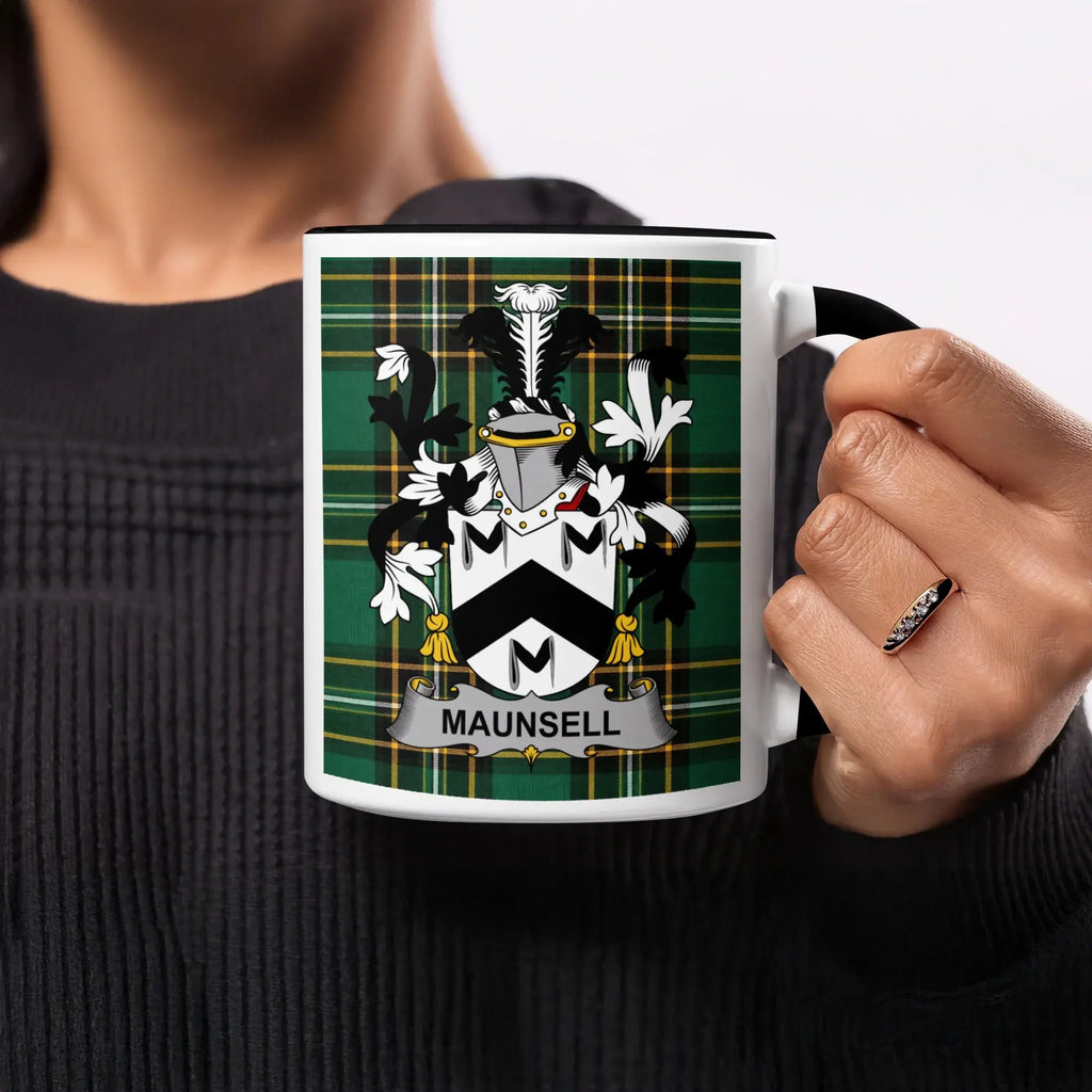 Mug with Maunsell family crest on tartan background.