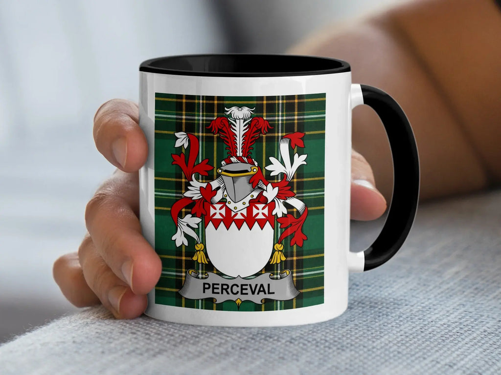 Perceval Irish family crest black accent mug on Irish National Tartan