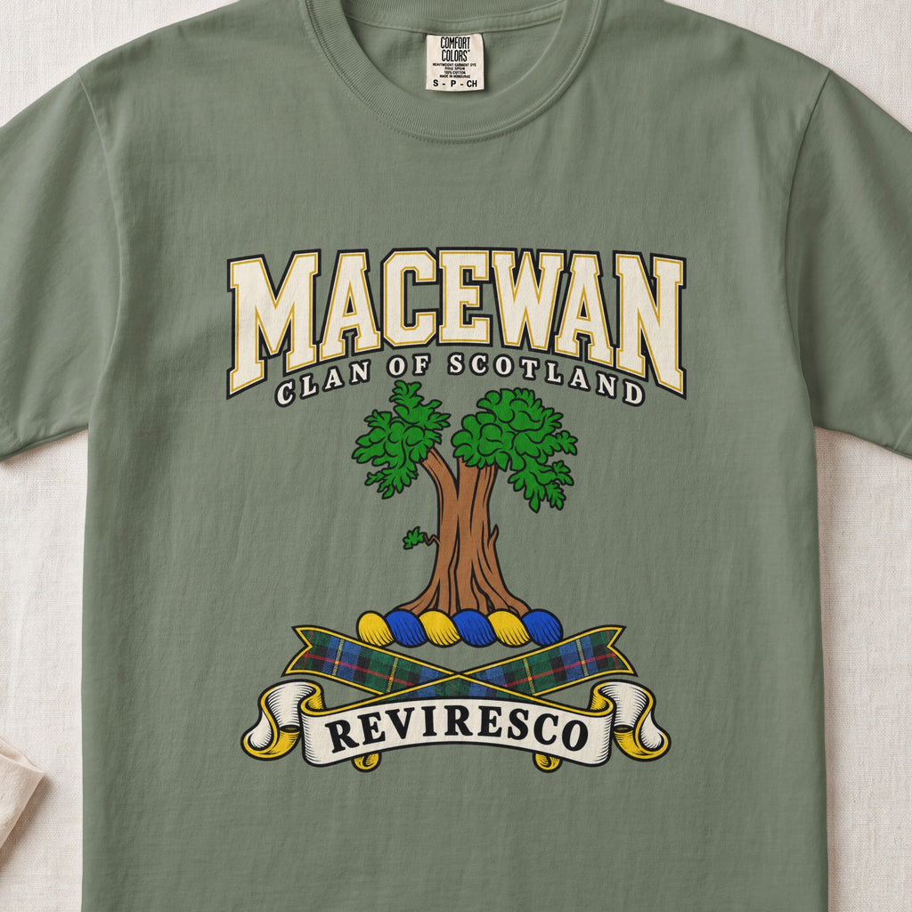 MacEwan Scottish clan graphic T-shirt in Moss, front view