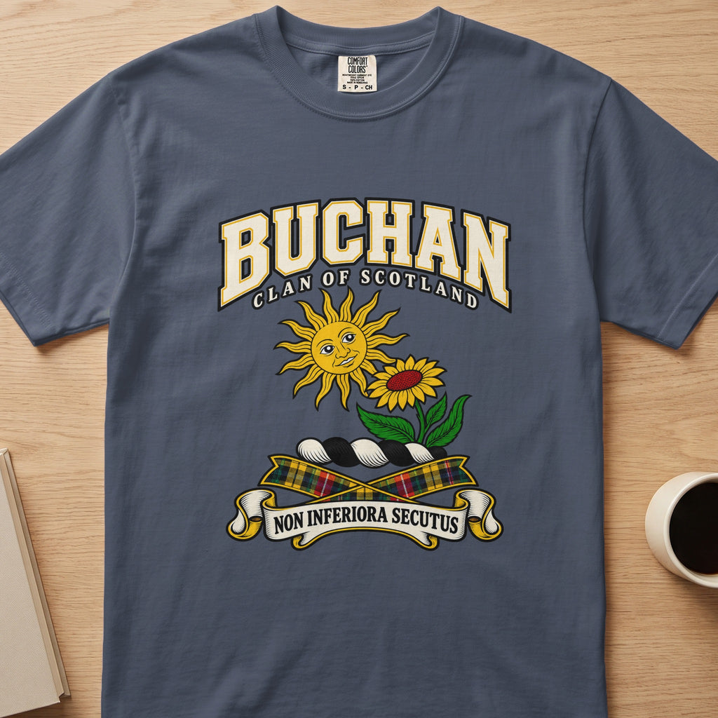 Buchan clan crest with sun and flower on a slate blue Comfort Colors T-shirt, front view