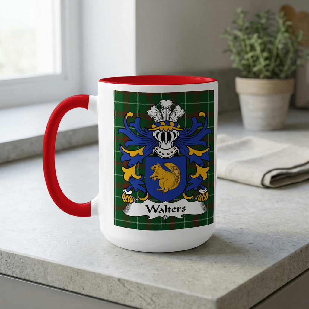 White mug with red handle and interior, displaying the Walters family crest on a plaid background.