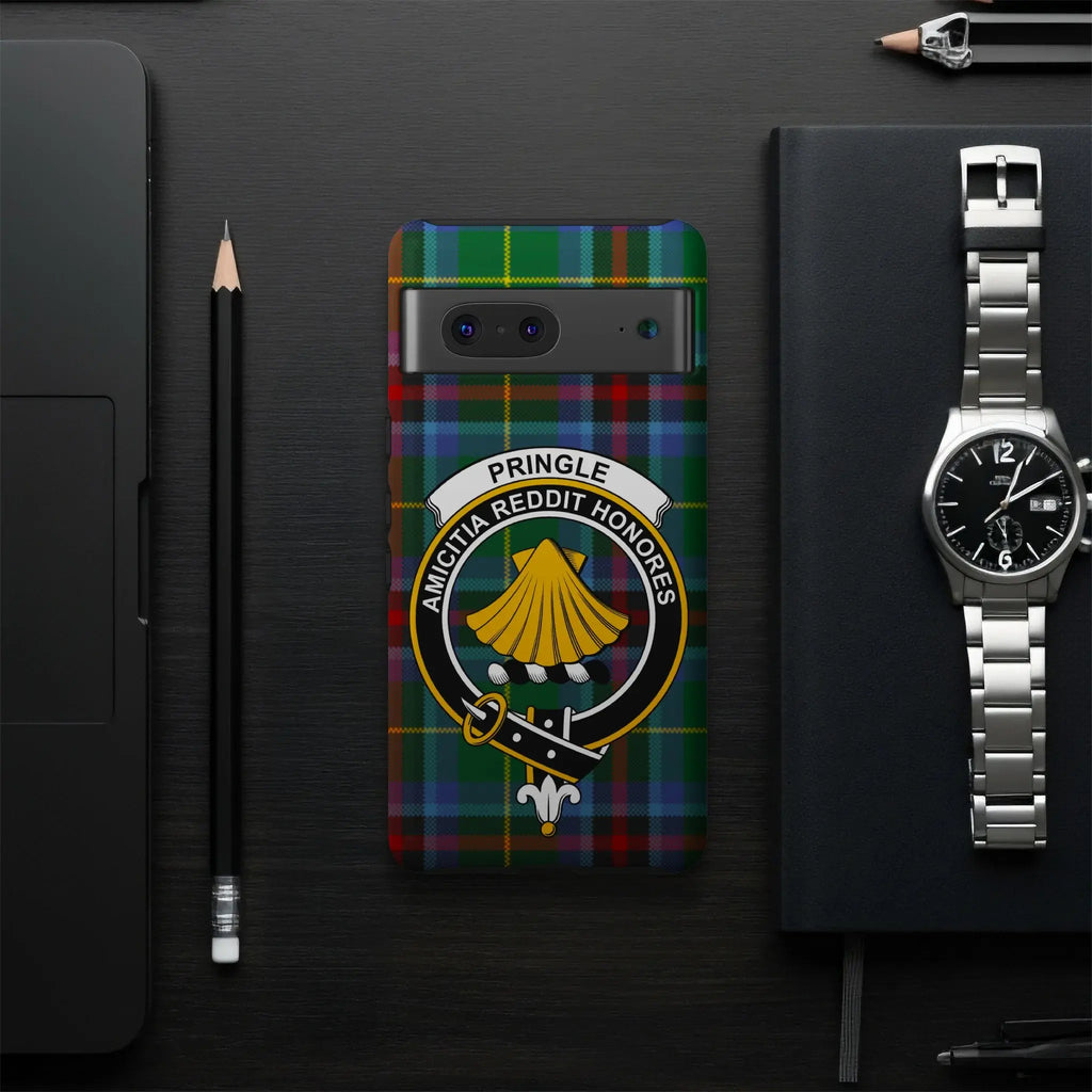 Pringle clan crest tartan phone case on Samsung Galaxy — impact-resistant glossy wrap
