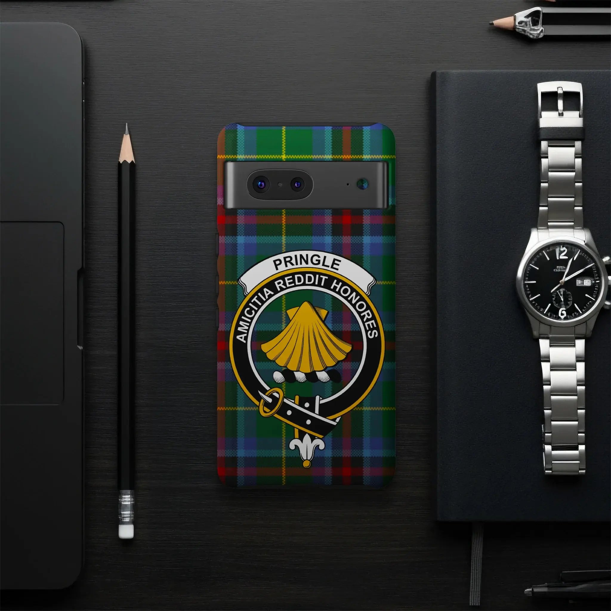 Pringle clan crest tartan phone case on Samsung Galaxy — impact-resistant glossy wrap