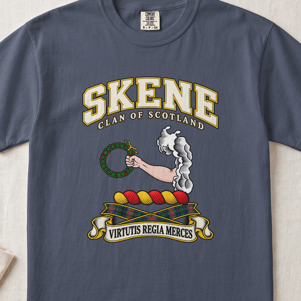 Skene Scottish clan T-shirt in Midnight, front view with an arm extending from clouds and holding a green wreath and motto design.